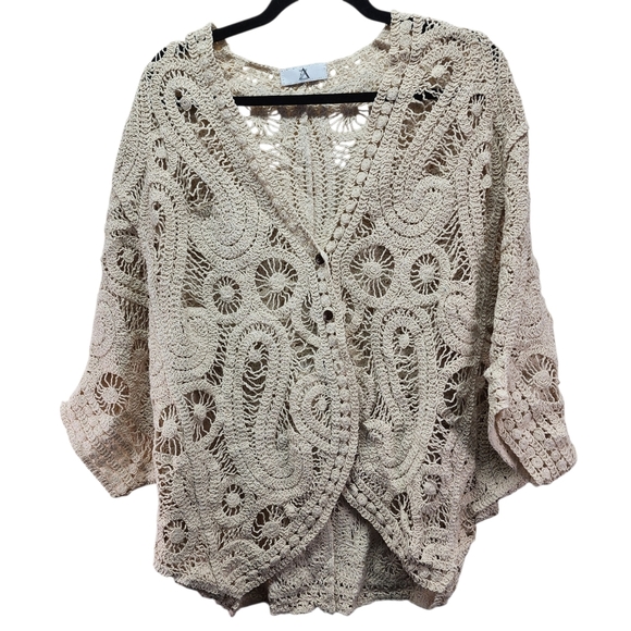 Boho Crochet Open Knit Cardigan Sweater 100% Cotton Cream Ivory Festival Cottage - Picture 3 of 13